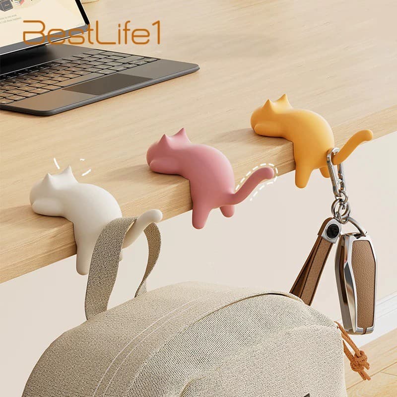 Ganchos Autoadesivos De Gatos De Desenho Animado-Cabide De Bolsa Portátil Para Escritório De Viagem De Mesa