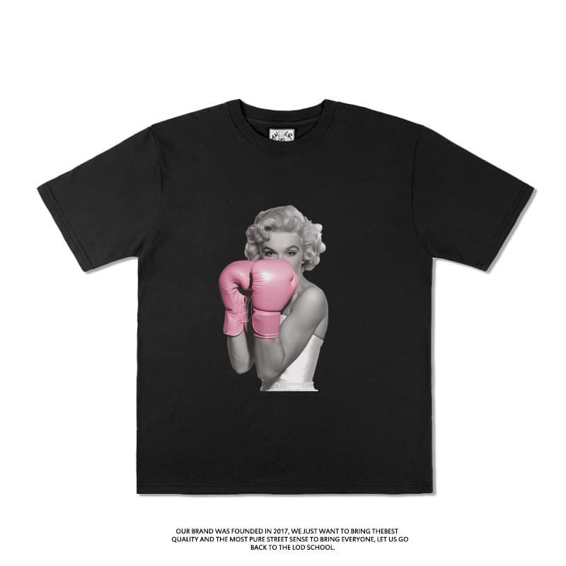 A Moda Vintage Boxe Menina Foto Padrão Impressão Manga Curta Camiseta Algodão Solto casual Em Torno Do Pescoço Para Home