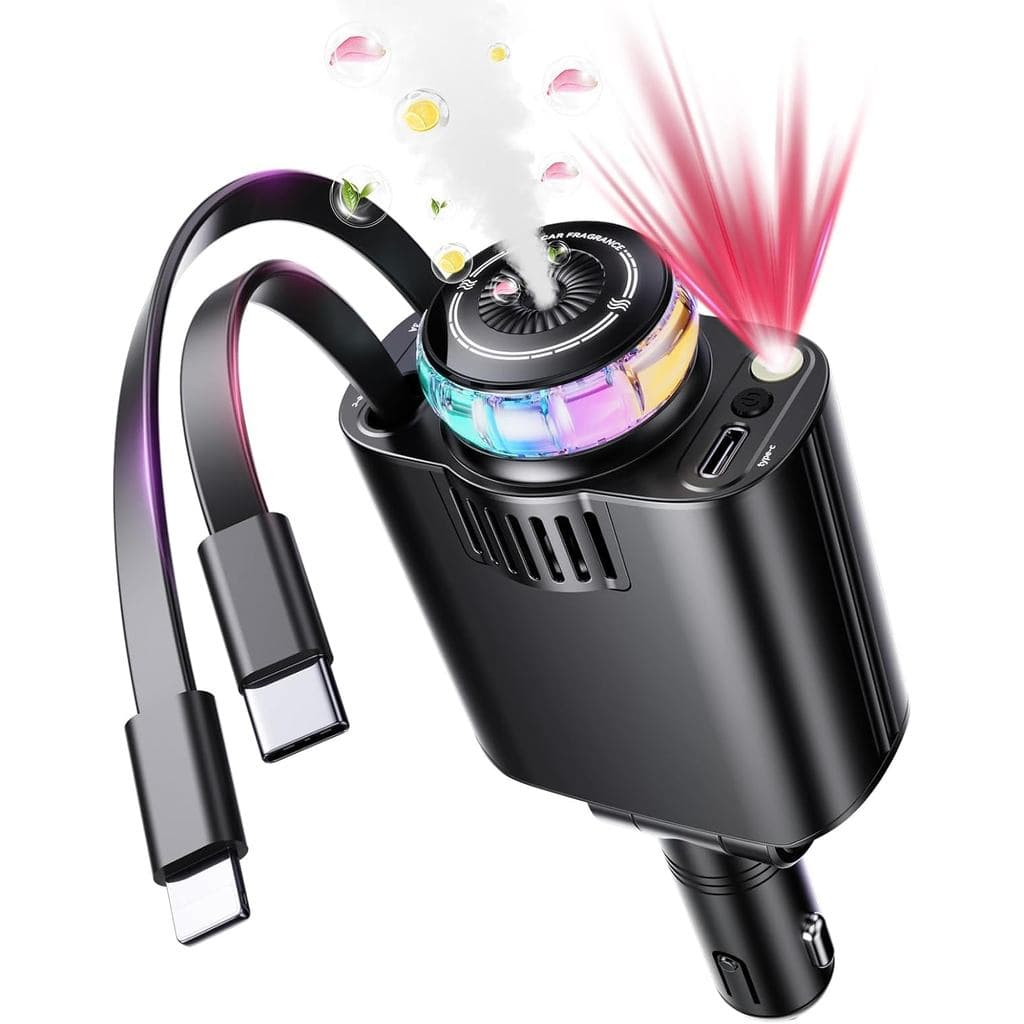 Carregador de carro retrátil com aromaterapia e luz de estrelas, adaptador de carregador de carro USB C 5 em 1, carregad