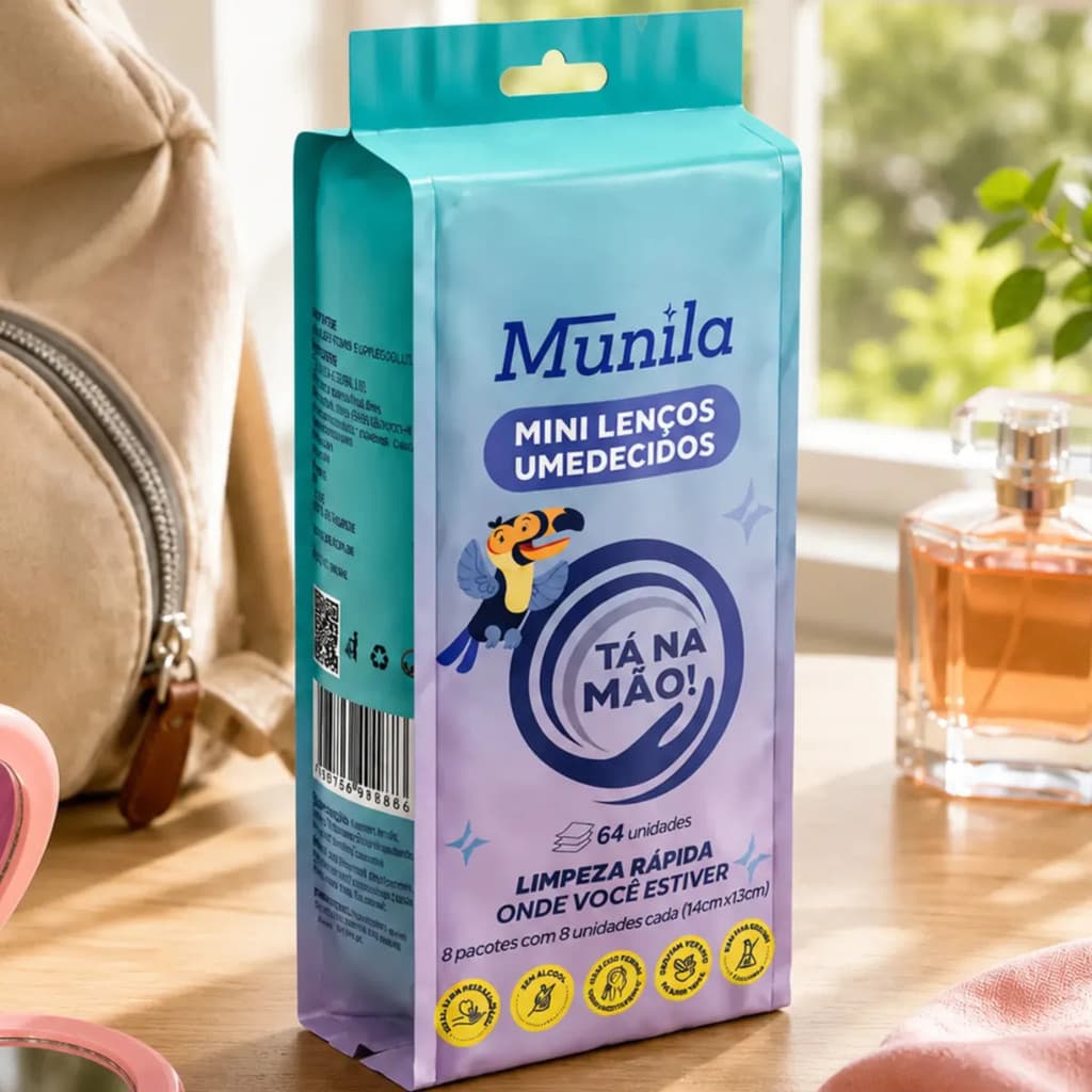 Lenço Umedecido Higienização Rápida Compacto 8 Pacotes 64 Unidades Limpeza das Mãos Sem Álcool Prático