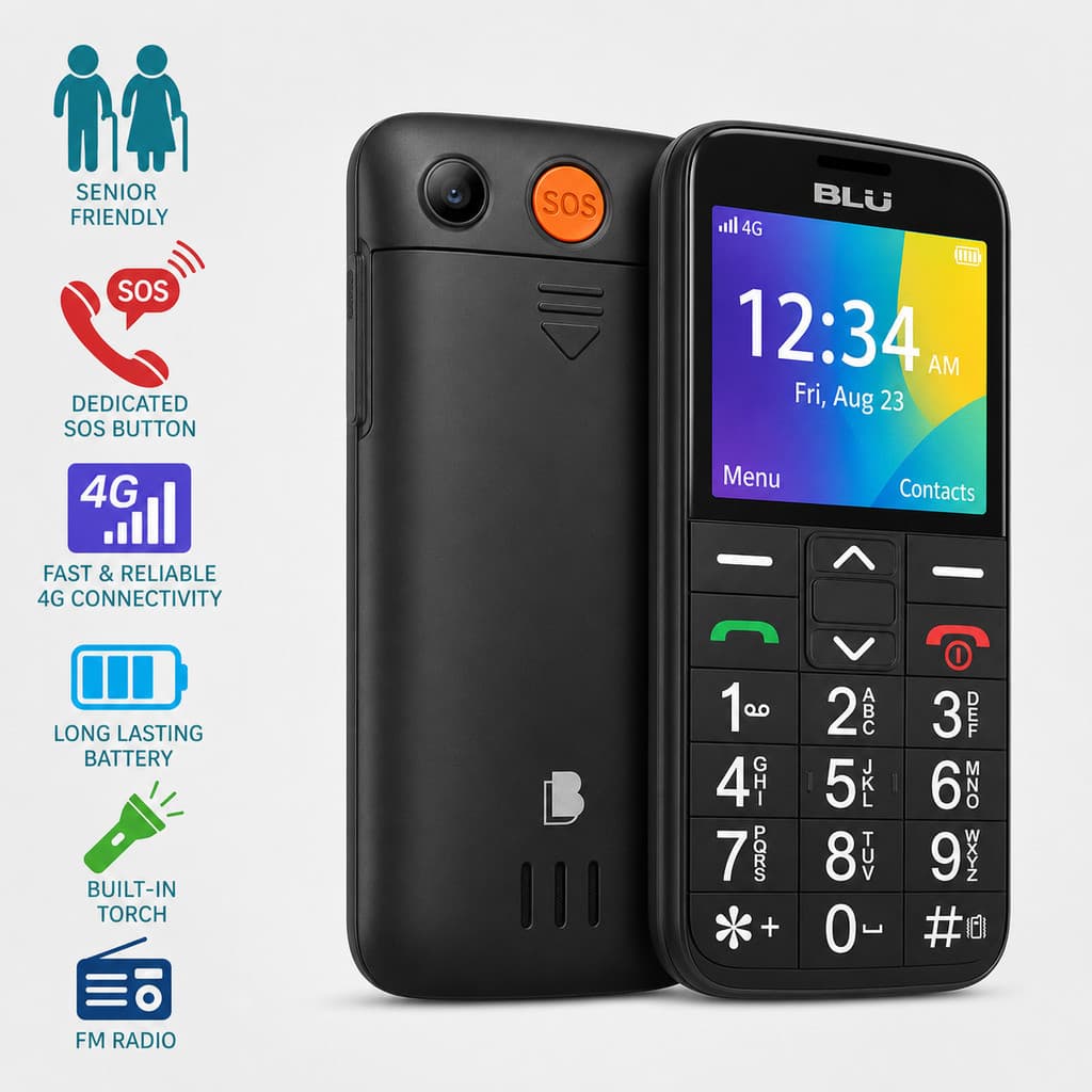 Celular BLU Joy 4G para Idoso com Teclas Grandes Botão SOS Dual SIM Lanterna Rádio FM Bluetooth