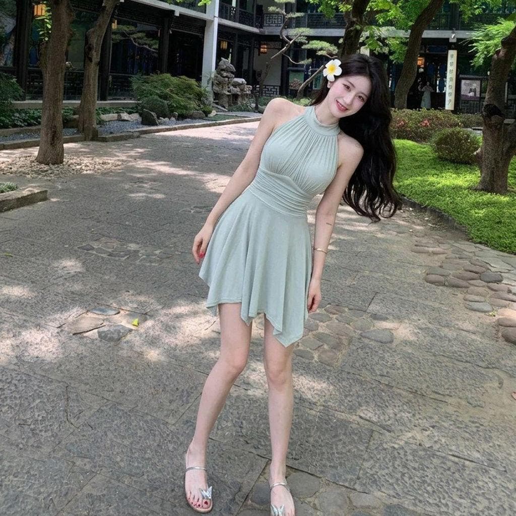 [Seckill por tempo limitado] Vestido feminino suave e mais fino, novo estilo, gola Halter, sem mangas, cintura estreita,