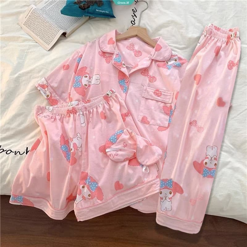 Pijama feminino fofo de estilo japonês com estampa de desenho animado, rosa, composto por uma blusa de manga curta, shor
