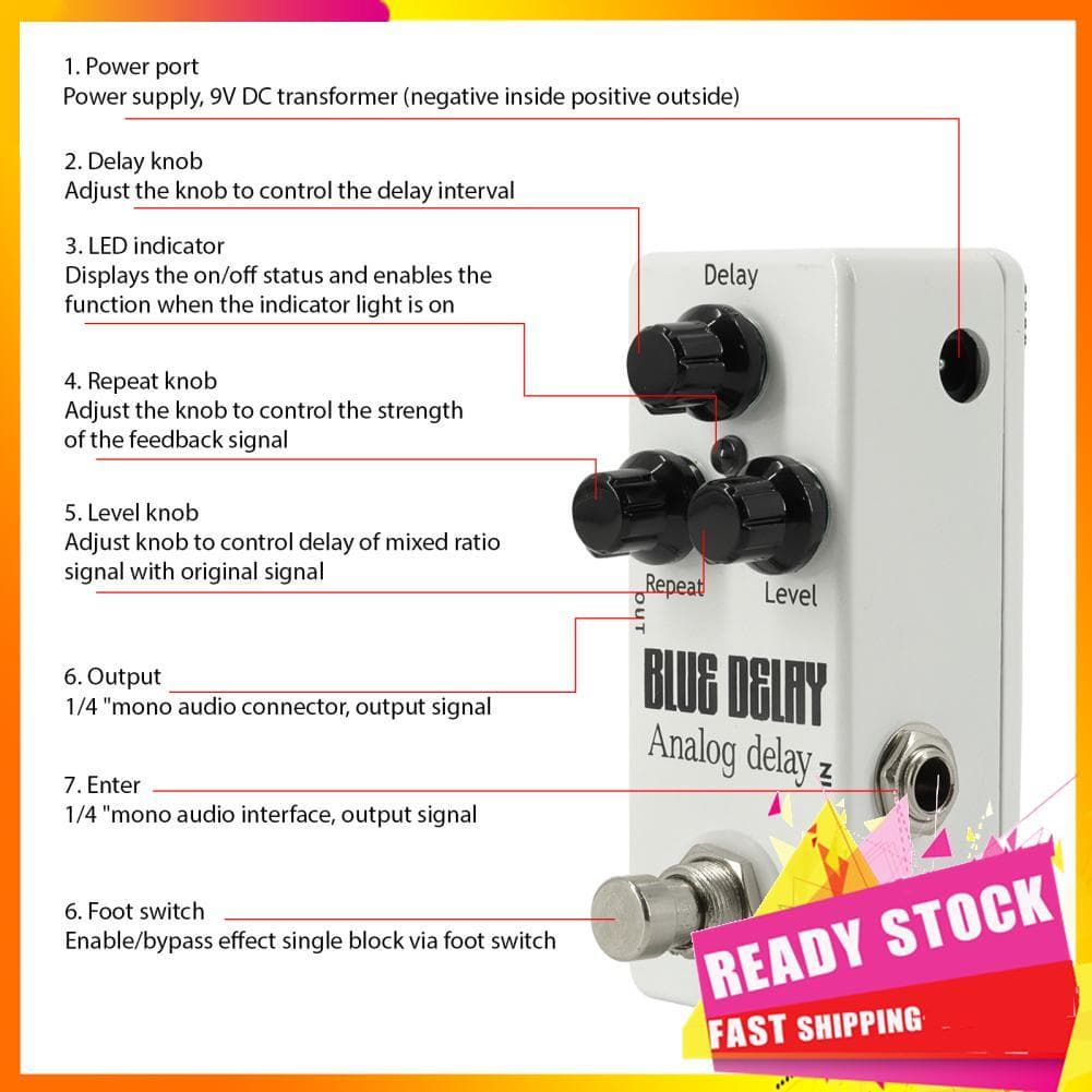 Gfgfgfgg Mini Guitar Analog Delay Effector Liga de Zinco 3 Botões Pedal de Efeitos Elétricos com True Bypass Switch