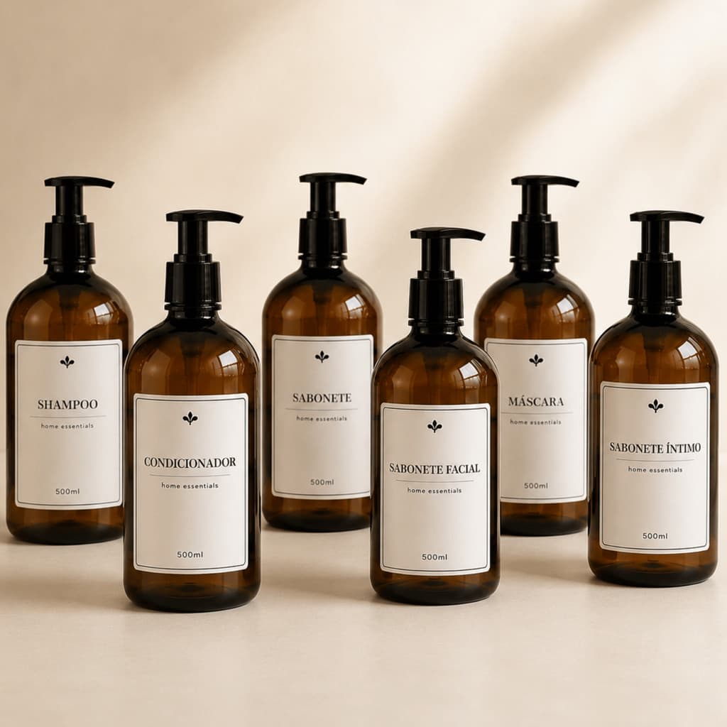 Kit 6 Frascos Organizadores Banheiro 500ml Âmbar com Pump, Shampoo Condicionador Sabonete Máscara Sabonete Facial Íntimo