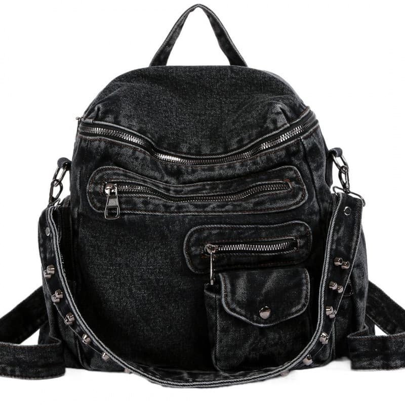Mochila de Denim Lavado Vintage para Mulheres com Rebites, Bolsa Versátil para Estudantes Universitários para Ir às Aula