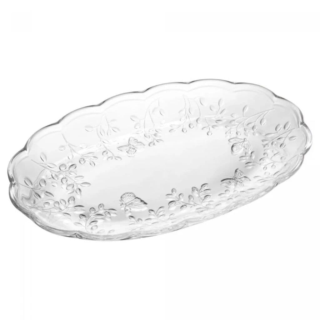 Travessa em Vidro Transparente Oval New Butterfly com Desenhos de Folhagens e Borboletas em Alto Relevo da Lyor 31x20cm
