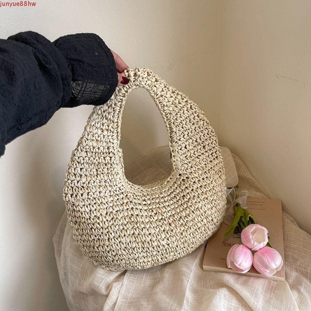 Bolsa de Palha JUNYUE Lafite, Bolsa de Tecido em Forma de Meia-Lua de Grande Capacidade, Praia de Ver茫o 脿 Beira-Mar