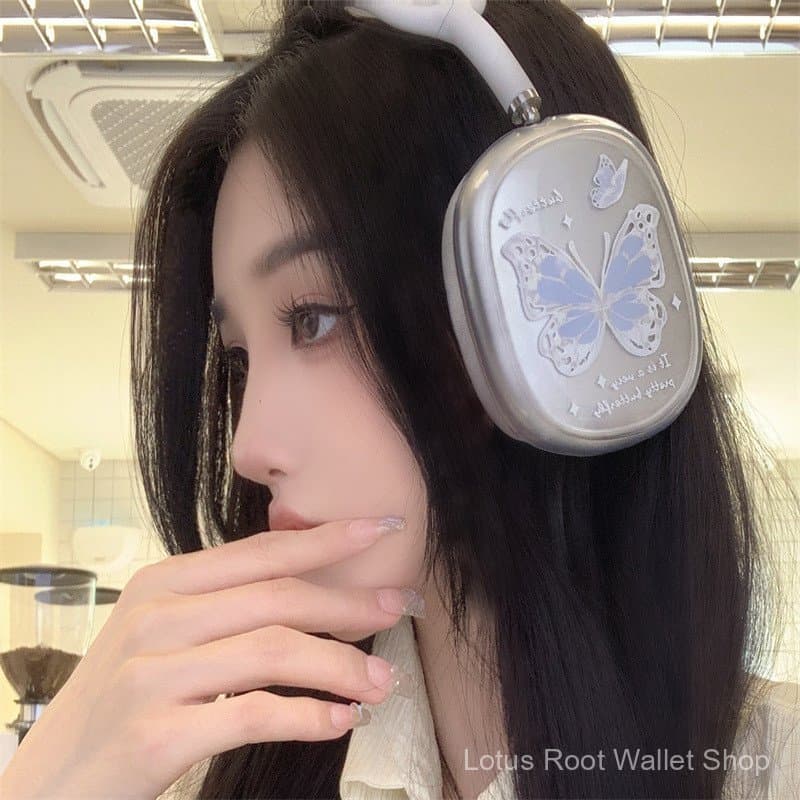 Capa Protetora Borboleta Azul para AirPods Max, Fones de Ouvido Apple, Protetores de Ouvido, Transparente 7.27