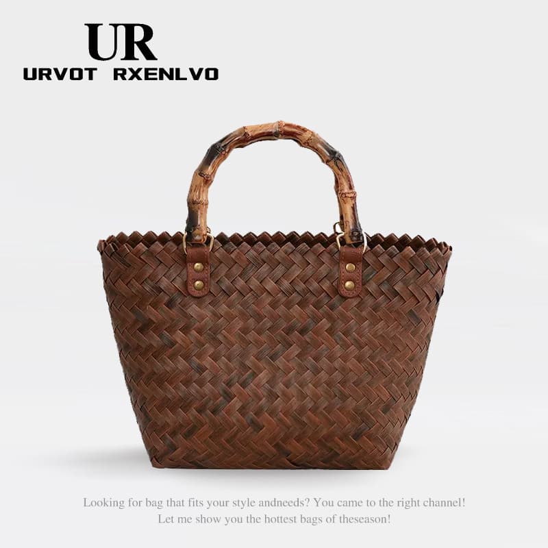 UR influenciador saco de palha tecido à mão grande capacidade simples alça de bambu embreagem férias moda todos @-