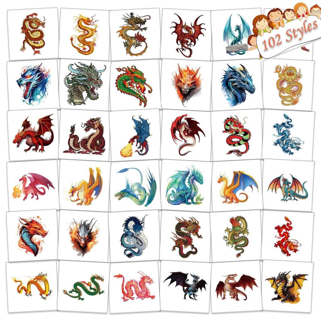 102 Tatuagens Temporárias de Dragão Embaladas Individualmente para Crianças - Tatuagens Temporárias de Dragão para Menin