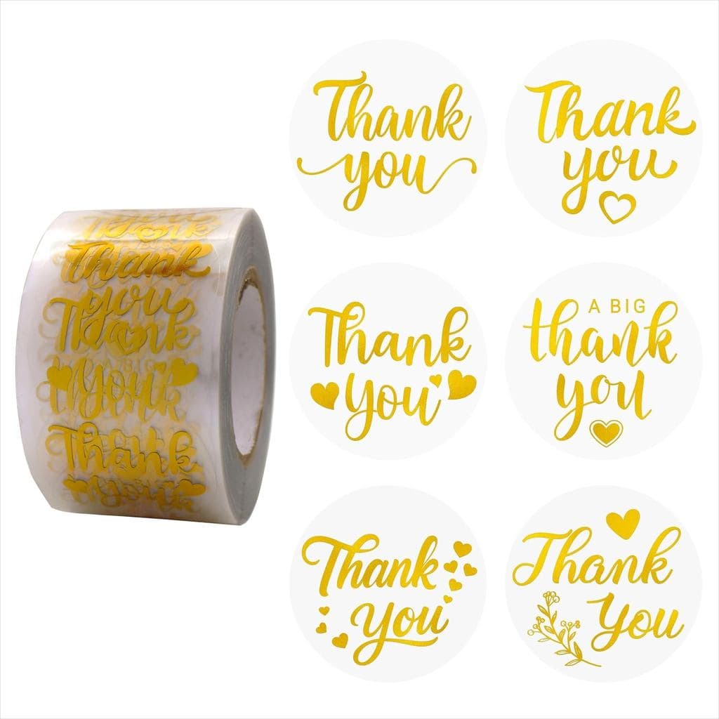 Adesivos de Agradecimento, 1,5 Polegadas, 600 Folhas, 6 Designs Brilhantes em Folha Dourada Transparente à Prova d'Água