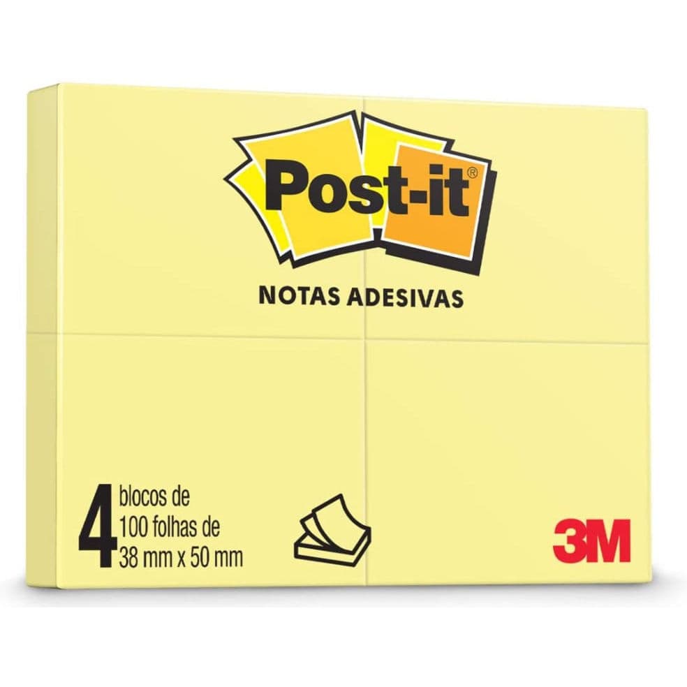 Bloco de Notas Adesivas Post-it 38x50 mm 100 Folhas Amarelo - 4 Unidades - 3M