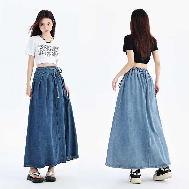 2026 outono inverno novo estilo senhoras Denim saia guarda-chuva de comprimento médio, Design exclusivo com cadarço, cin