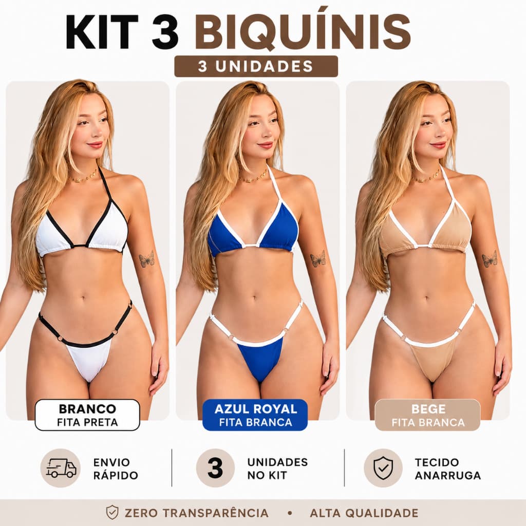 Kit 3 Biquini Fita Suplex Premium Tamanho Único Calcinha Fio Regulação Lateral Bronzeado Praia