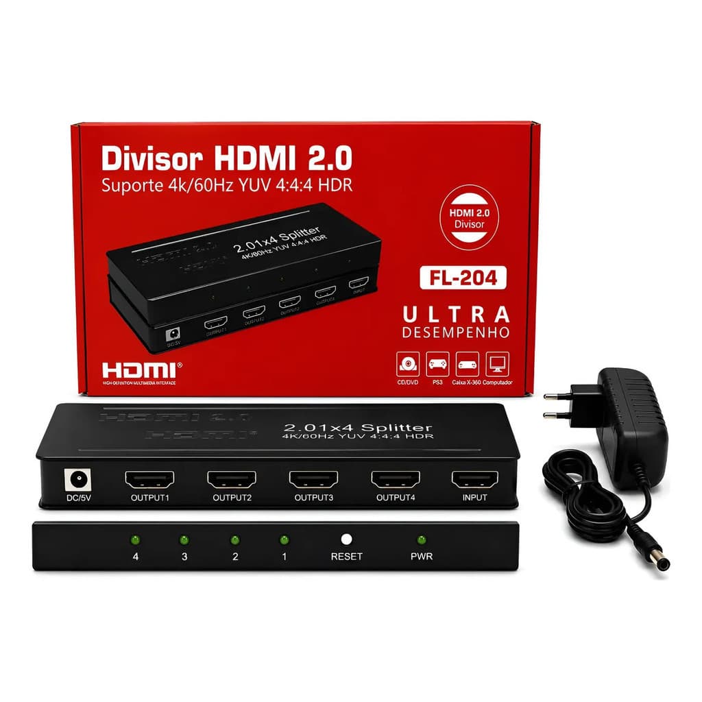 Splitter Hdmi 1x4 4k Ultra Hd 60hz - 1 Entrada E 4 Saídas Ultra Desempenho - Suporte 4K/60Hz