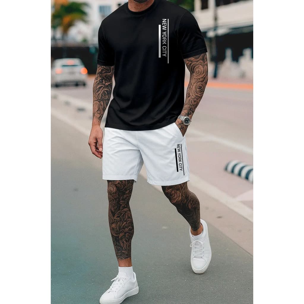 Kit Camiseta E Short Streetwear New York Cit Algodão Premium