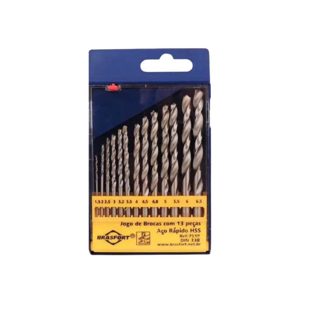 Jogo de Brocas Estojo Aço Rápido HSS, 1,5 a 6,5 mm - 13 Peças - BRASFORT
