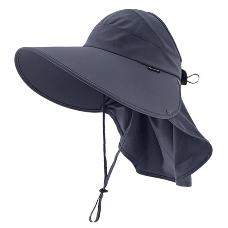 Versão atualizada do chapéu de pescador de aba larga com proteção solar e para o pescoço.