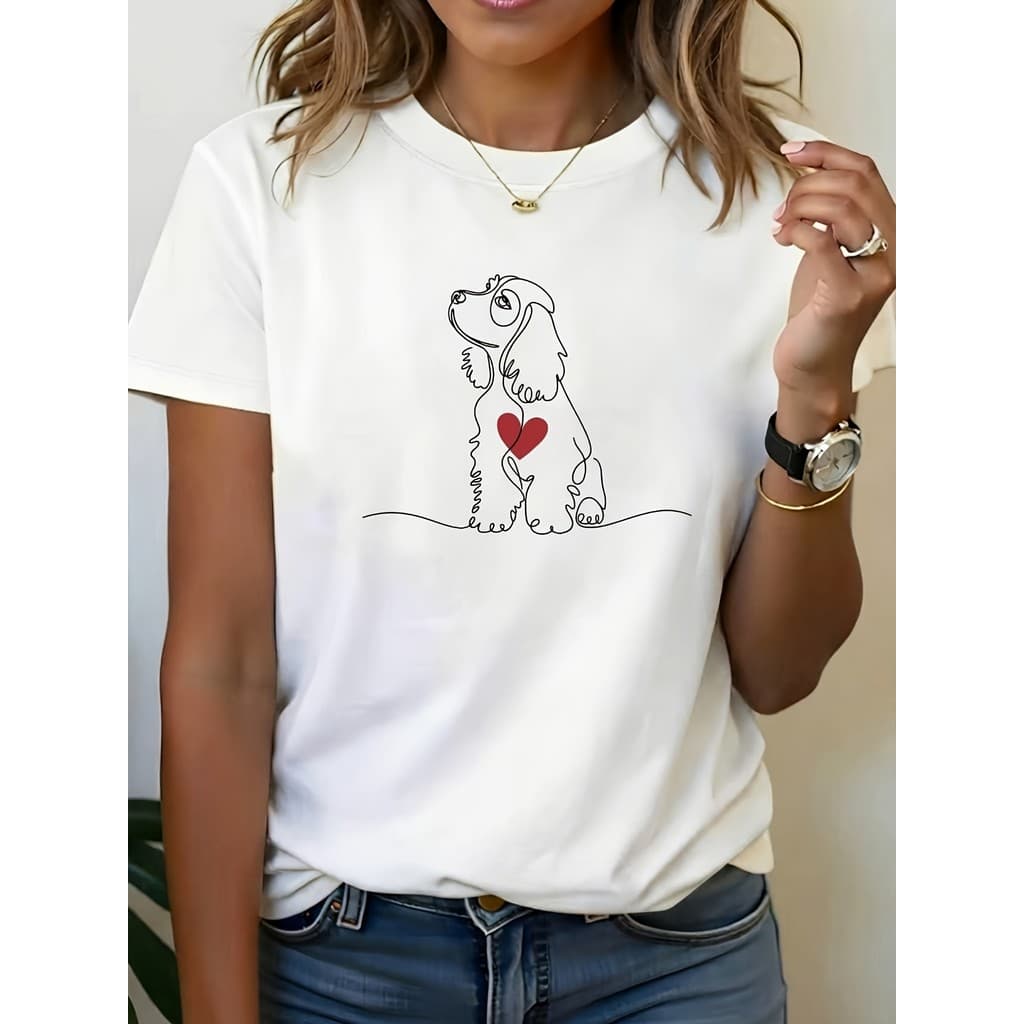 Camiseta Feminina, Estampa de Cocker Spaniel com Coração de Traço Único, Branca de Manga Curta e Gola Redonda