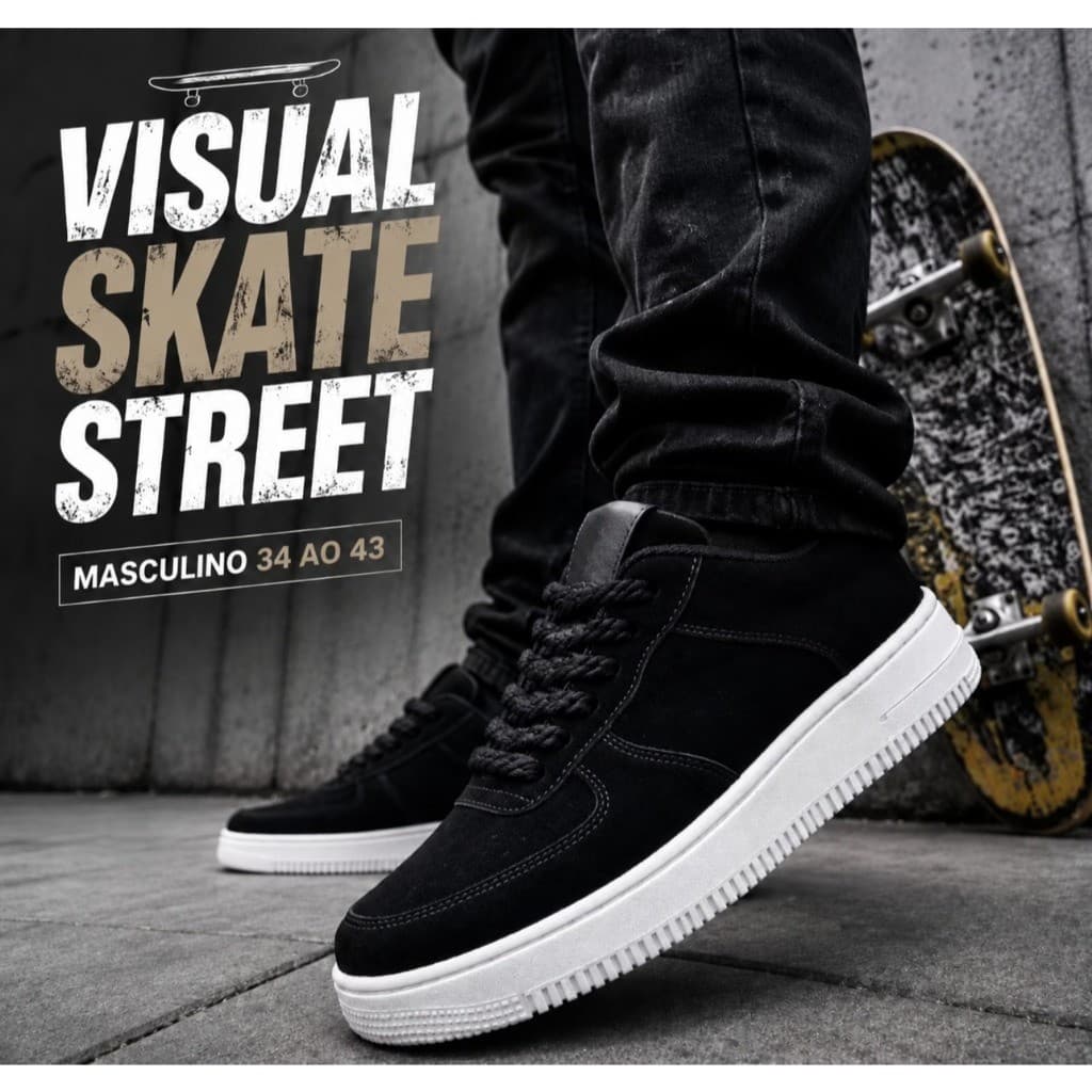 Tênis Masculino Casual Preto Sola Branca Camurça Confortável Sneaker para Dia a Dia