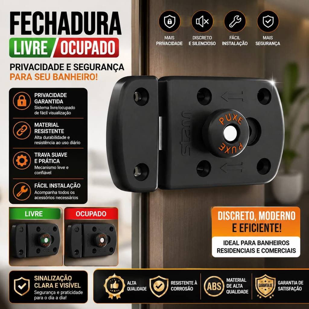 Fechadura Livre Ocupado Stam Branca Para Porta de Banheiro WC Indicador Trinco Completa