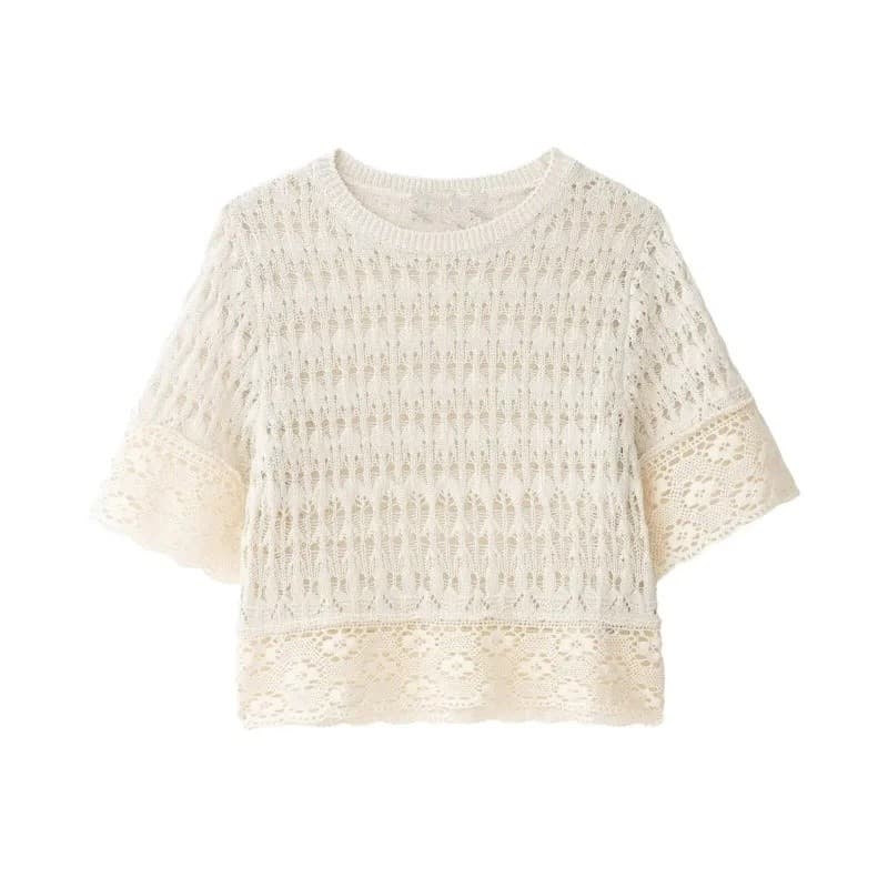 Blusa Feminina de Tricô Pointelle Nova Coleção Primavera Verão 2026, Casual, Gola Redonda, Manga Curta, Suéter Respiráve
