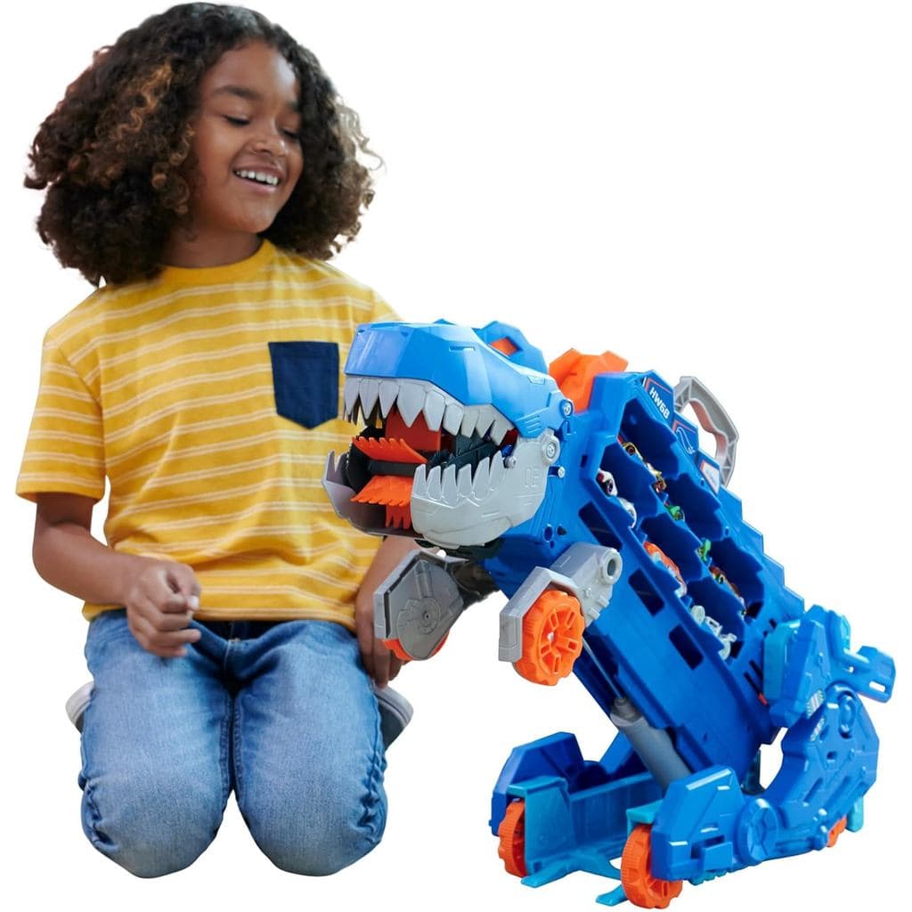 Conjunto de Pista de Carros de Brinquedo Hot Wheels City, Ultimate T-Rex Transporter, Caminhão que se Transforma em Dino