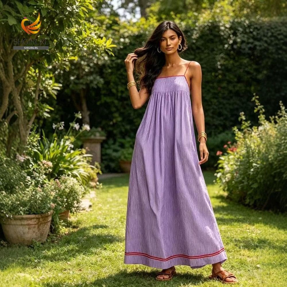 SHGIRLRL Vestido Longo Feminino Listrado , Deslizante Sem Mangas Com Estampa Listrada , Ajuste Solto E Costas Emagrecedo