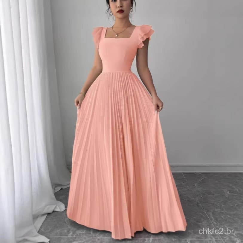 Vestido Plissado Estilo Férias De Cor Sólida Com Gola Quadrada E Mangas Voadoras Na Cintura Display Grande