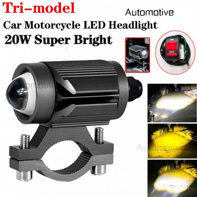 Farol LED para Motocicleta 20W Super Brilhante Tri-modelo L29 Branco Amarelo com Lente Mini Projetora, Luz de Condução M