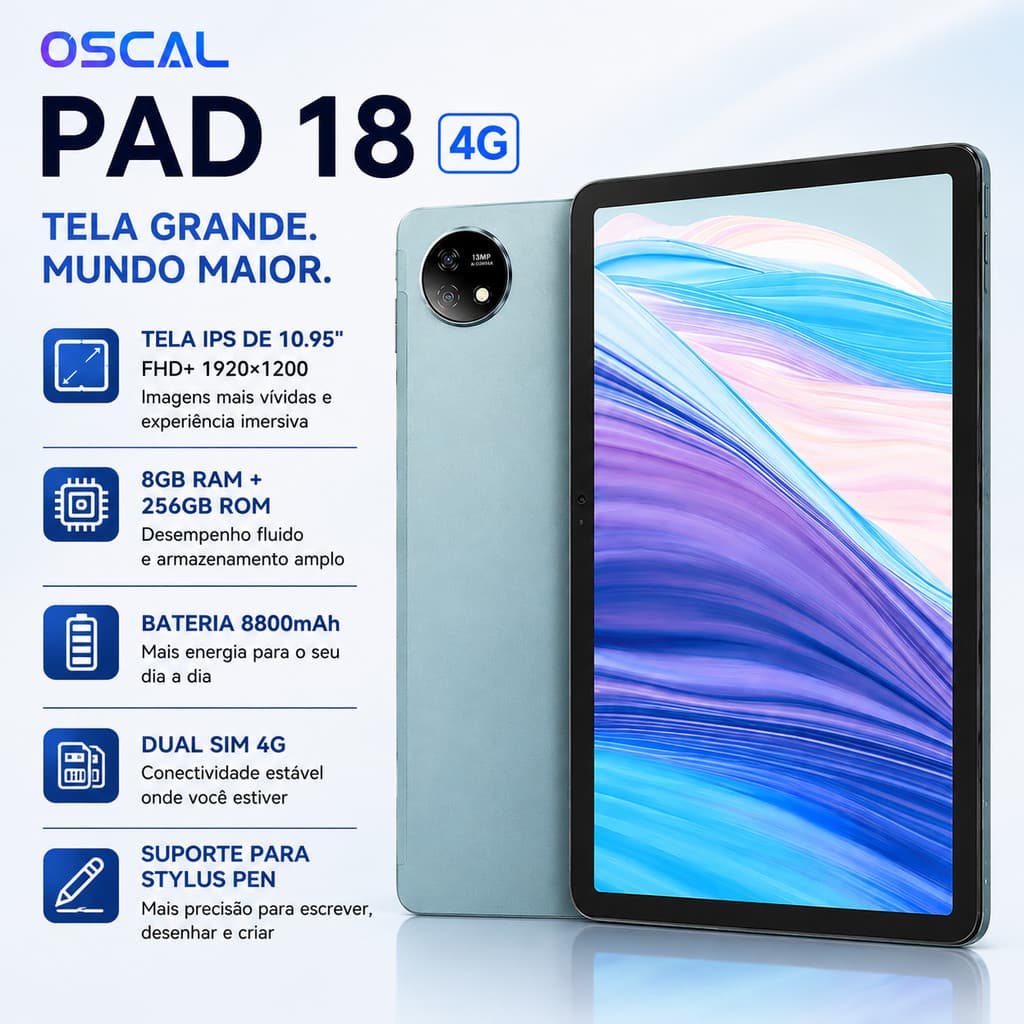 Oscal Pad 18 4G Tela IPS 10,95" 8GB 256GB FHD+ Bateria 8800mAh Dual SIM Caneta Stylus