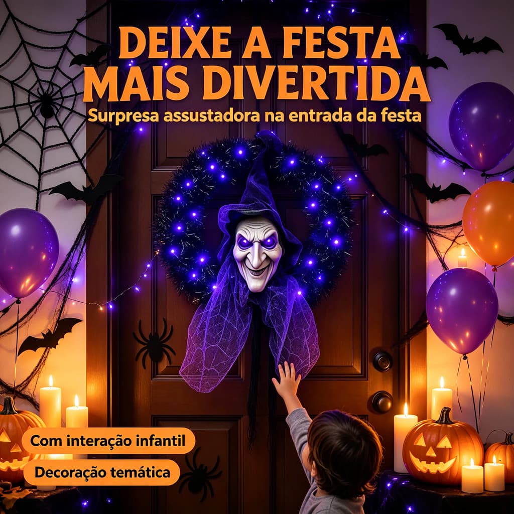 Guirlanda de Decoração Festa Halloween Assustador Bruxa Negra COM LED