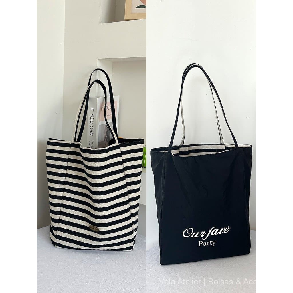 Bolsa de lona listrada com blocos de cores vibrantes, bolsa dupla face cor menta, bolsa casual de uso duplo estilo corea