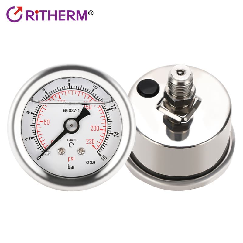 R RITHERM Medidor de pressão Axial Direção de diâmetro de aço inoxidável 40mm Enchimento de óleo Medidor de óleo hidrául