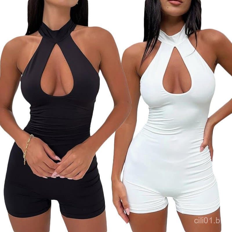 Macacão feminino elegante sem mangas, cintura alta e com detalhes vazados, novo macacão de verão em FBPC