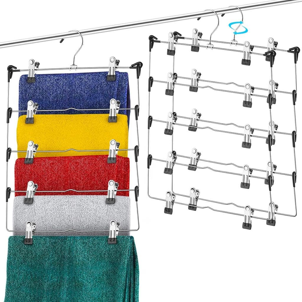 DEILSY ™   Cabides para Saias de 5 Níveis com Clipes (3 Peças) Economizador de Espaço para Calças, Cabide Múltiplo com C