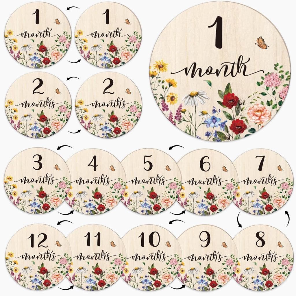 JarThenaAMCS 12 Peças Cartões de Marcos Mensais Vintage com Flores Silvestres para Bebês, Placa de Anúncio de Primavera