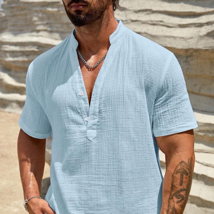 Cor sólida respirável gola alta camisa de manga curta masculina moda simples camisa de cor sólida
