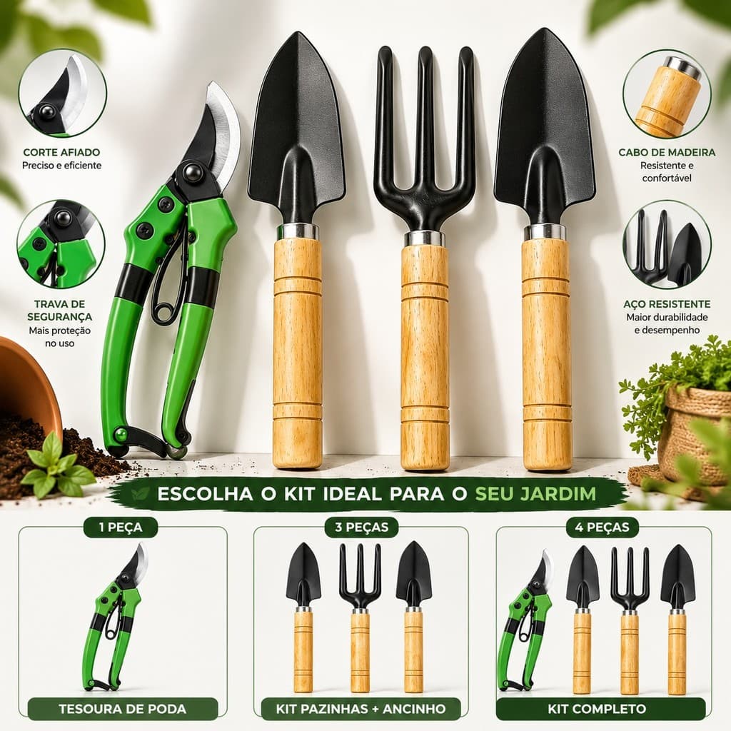 Ferramentas Para Jardinagem Kit 4 Peças Tesoura Poda Pás Ancinho Jardim Horta Vasos Plantas