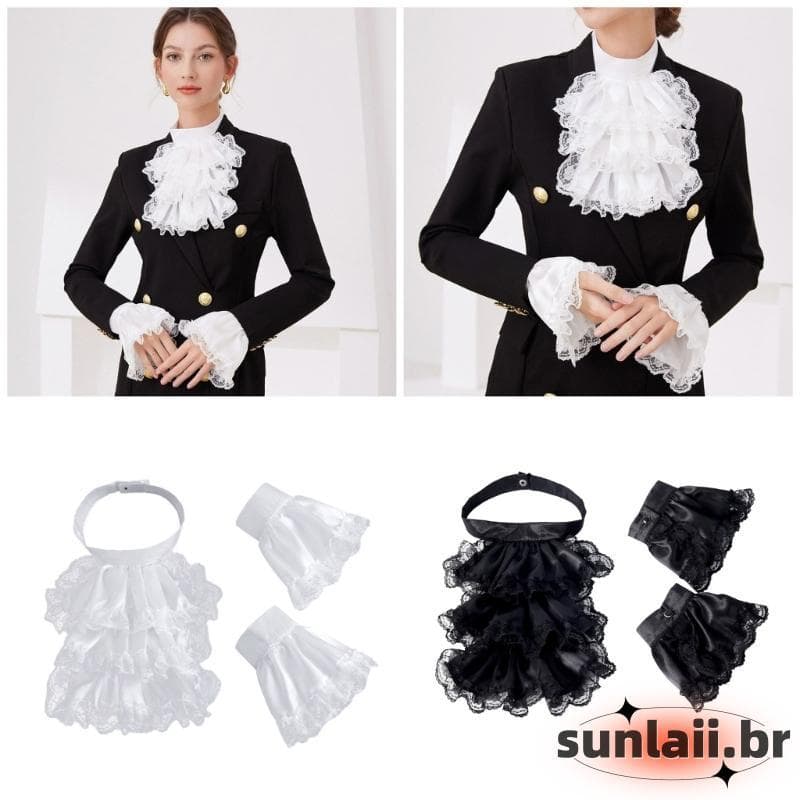 Conjunto De Punhos Falsos SUNLAII E Gola Jabot Colonial De Renda Com Babados Para Reuniões Temáticas