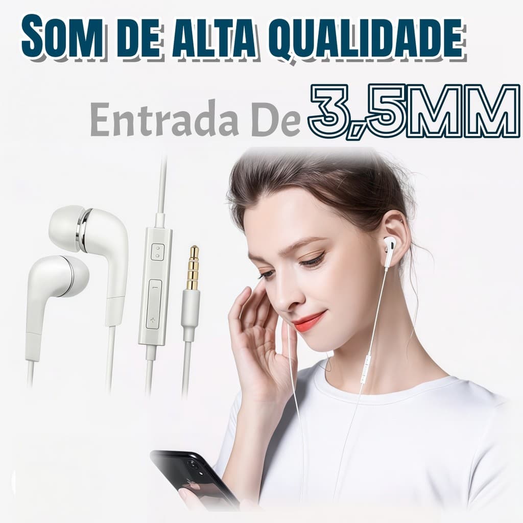 Fone J5 Intra-auricular com Redução de Ruído, Estéreo e Microfone, Plug 3.5mm para Chamadas e Música.