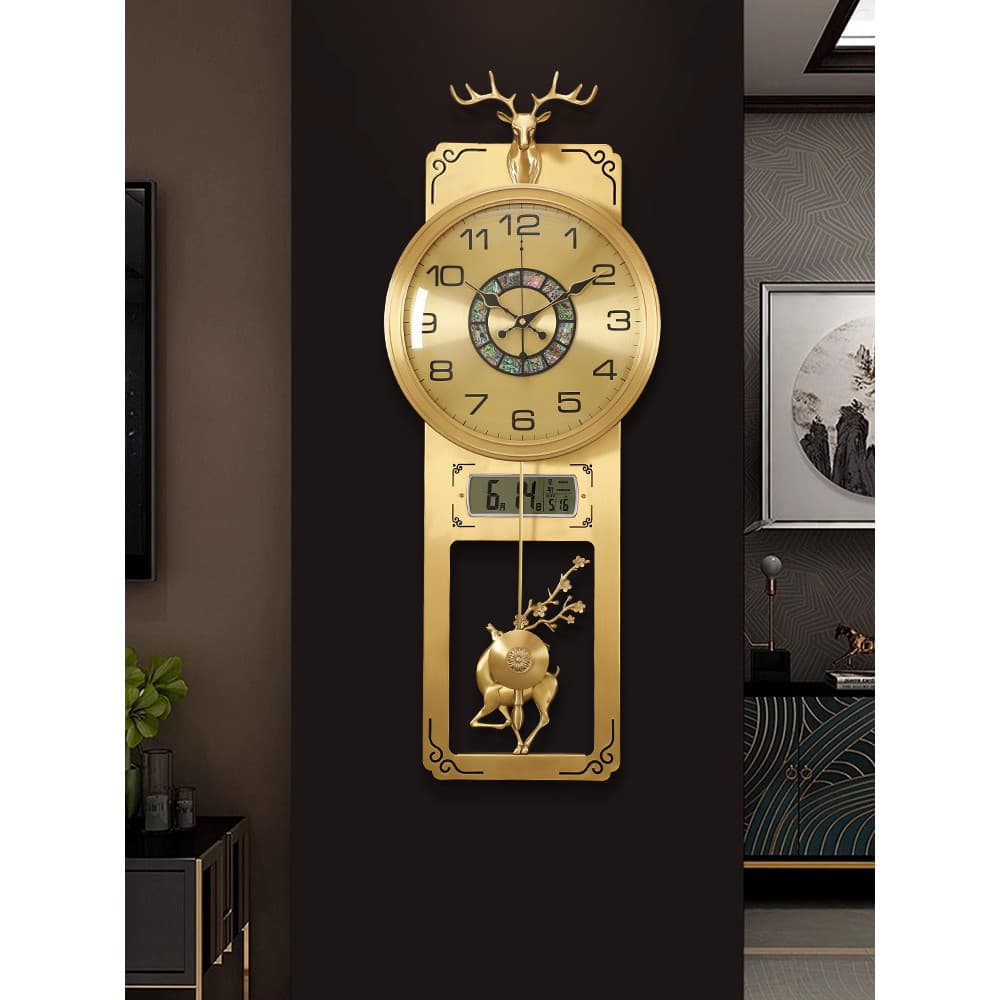 Nova luz chinesa de luxo bronze Fulu relógio parede sala estar doméstico com data calendário perpétuo mudo relógio pared