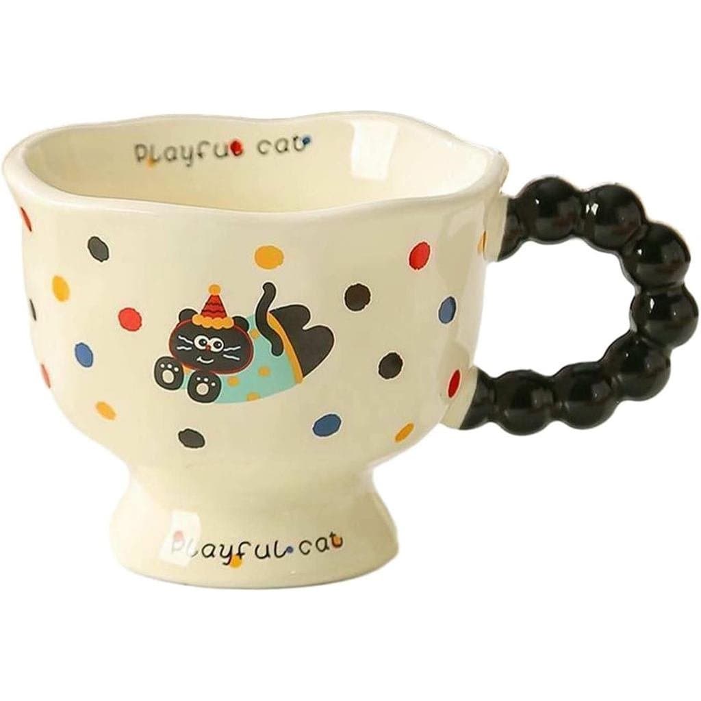 Caneca de cerâmica fofa para casa de 400ml-13oz, criativa, com estampa de bolinhas e desenho de gatinho com bolinh
