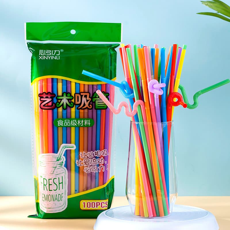Canudos artísticos descartáveis embalados individualmente, canudos coloridos curvos de qualidade alimentar para bebidas,