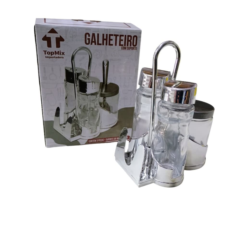 Conjunto Galheteiro 3 Peças com Suporte para Mesa - Azeite, Vinagre e Sal