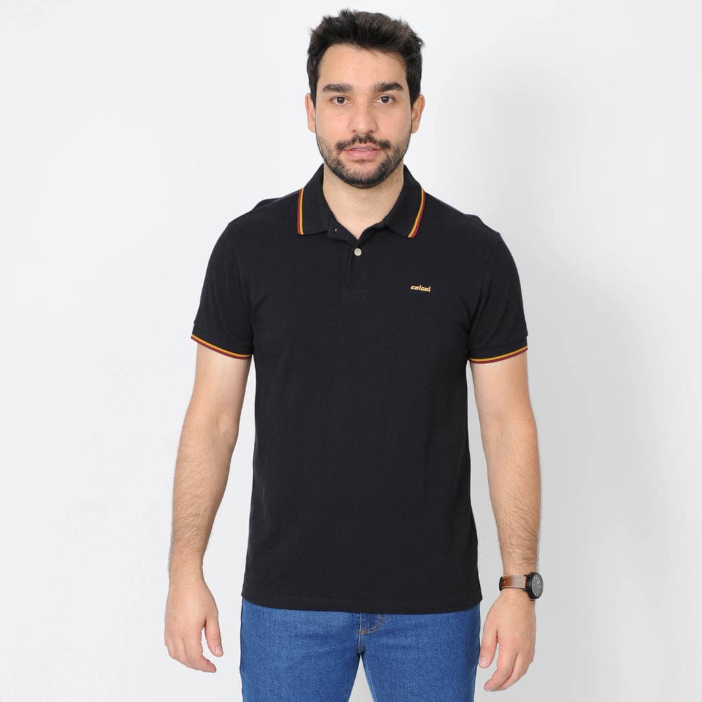 Camiseta Polo Colcci Detalhes Em Listras Preto - Masculino