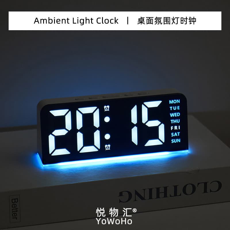 2026 Novo produto relógio de luz ambiente | Digital LED grande data digital relógio de mesa multifuncional digital duplo