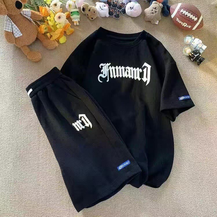 Waffle Casual terno masculino de seda gelo manga curta camiseta masculina um conjunto combinando roupas esportivas UXHS