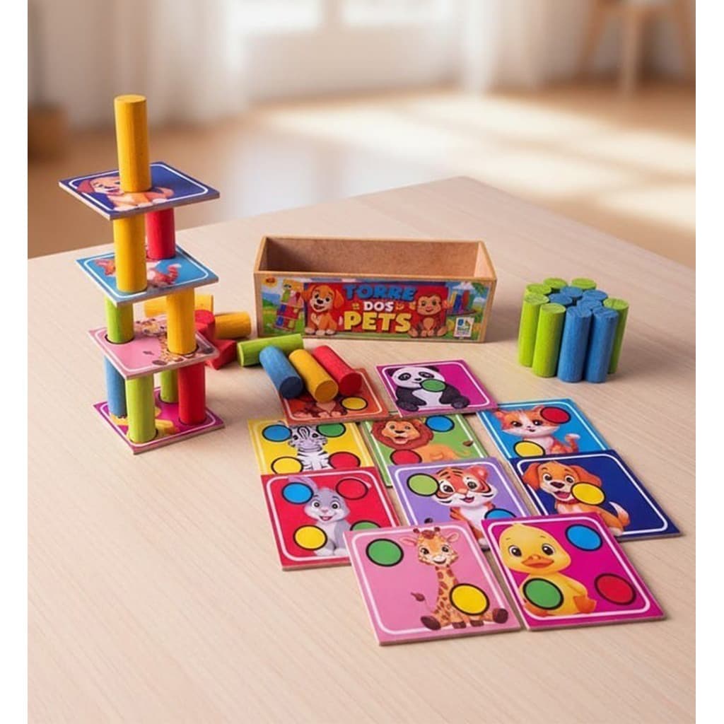 Torre Inteligente Jogo Torre dos Pets Madeira Aprender e Brincar